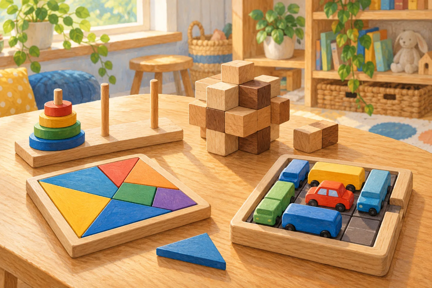 Drie soorten denkpuzzels met houten blokken, gekleurde vormen en schuifauto’s.