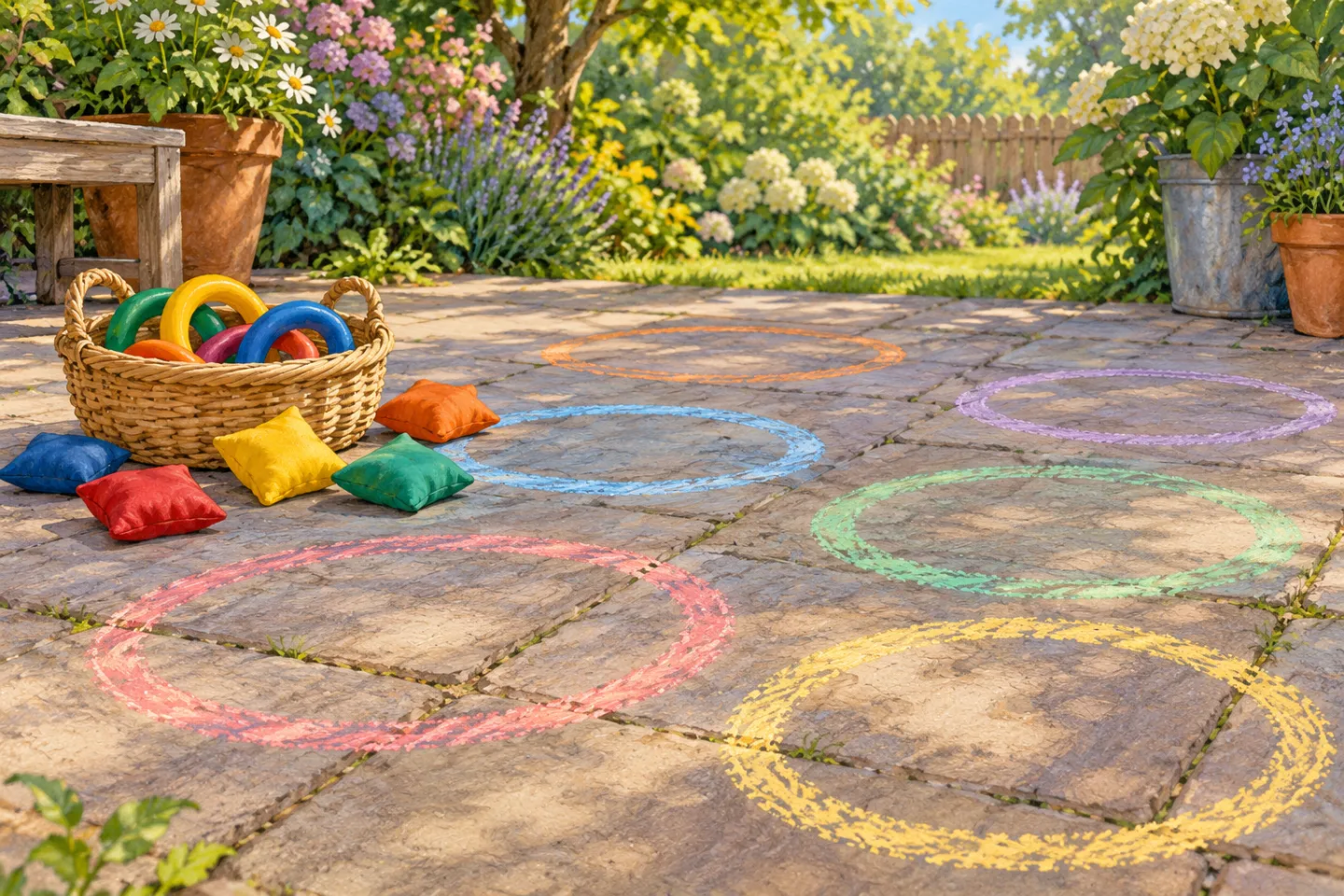 Gekleurde krijtcirkels op een terras naast een mand met speelgoedringen en pittenzakken.