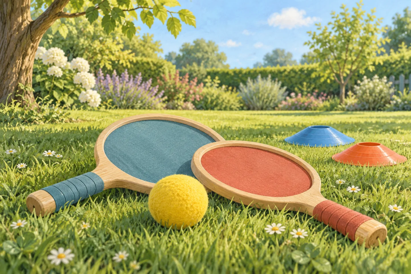 Een zachte gele bal en twee vangplankjes op gras met ruimte om samen te spelen.