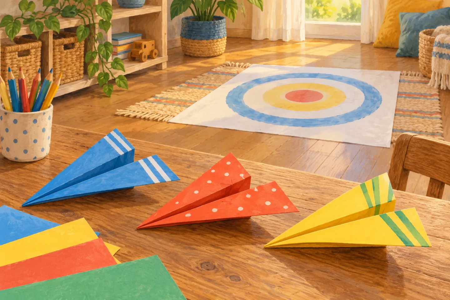 Drie gekleurde papieren vliegtuigjes op een tafel met vouwpapier en een landingsvlak.