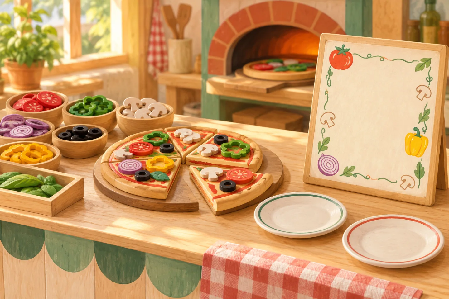 Een kleine speelgoedpizzeria met houten pizzapunten en kleurrijke toppings.