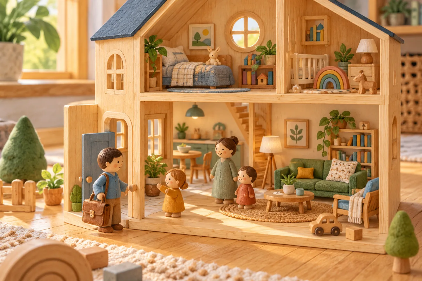 Een houten poppenhuis waarin een figuur met een tas voor de deur staat.