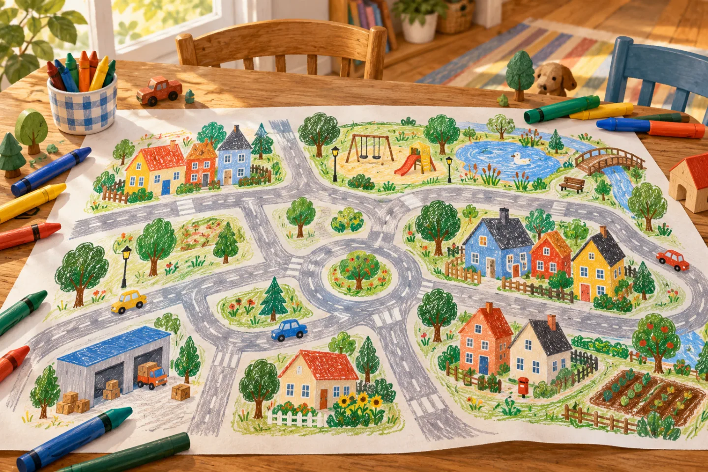Een groot vel met een getekende buurt, wegen, huizen, waskrijtjes en viltstiften.