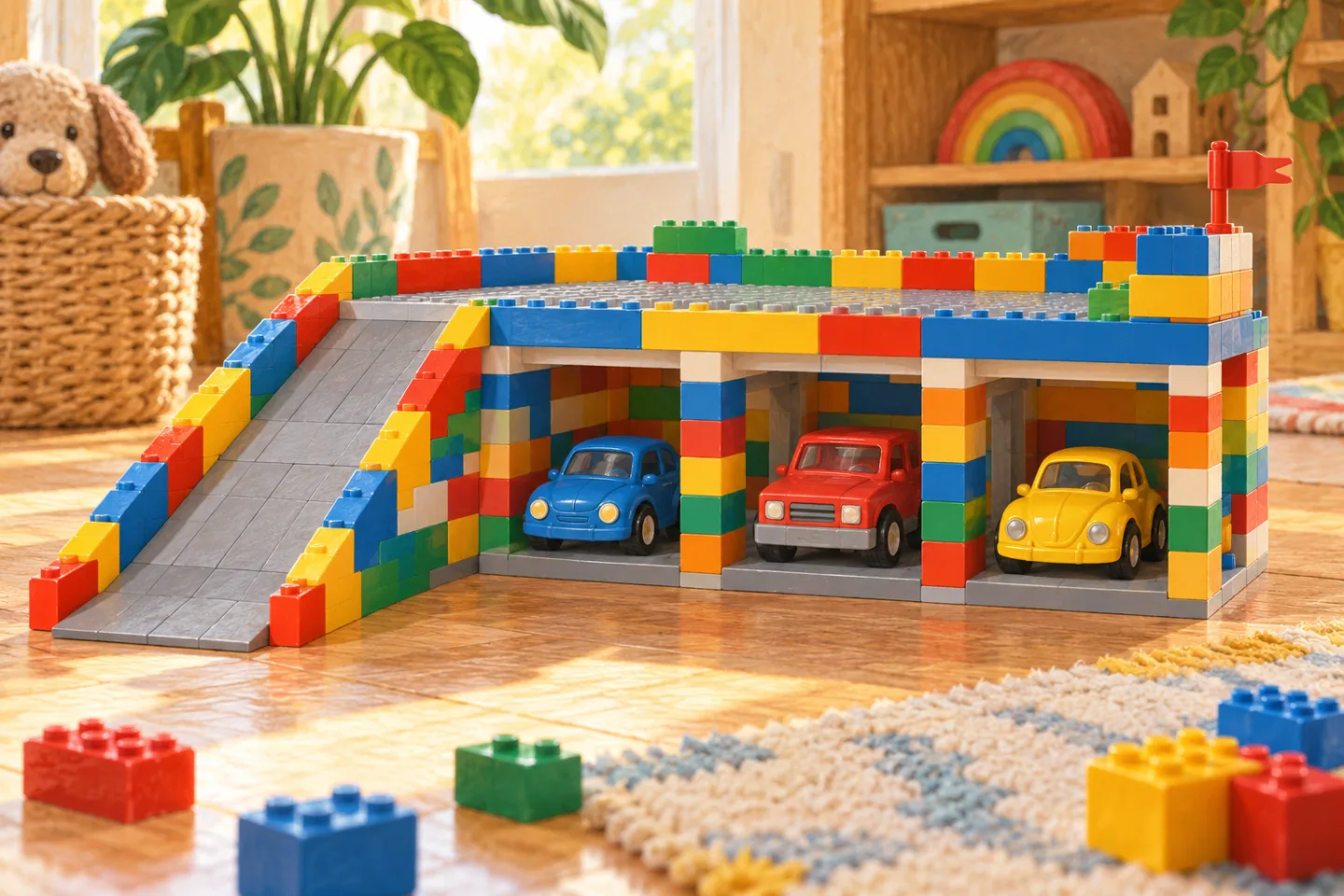 Een garage van gekleurde bouwstenen met parkeerplaatsen, speelgoedauto’s en een helling.