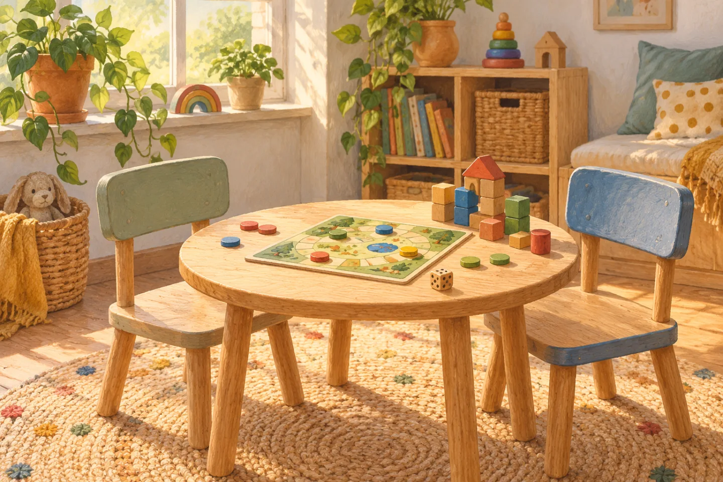 Een kleine speeltafel met twee stoelen, houten pionnen en bouwblokken.