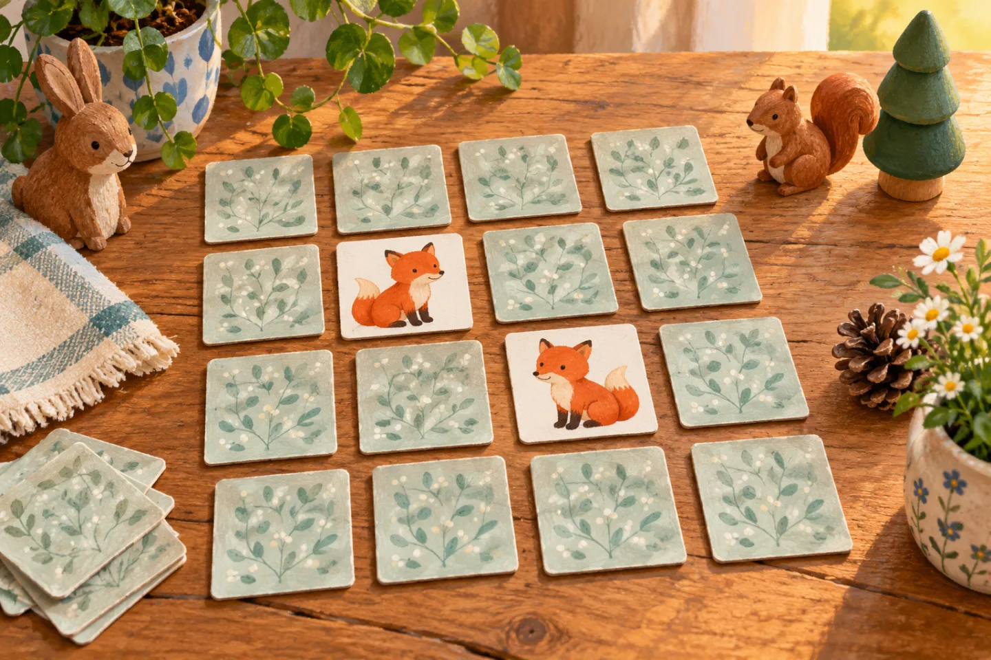 Zelfgemaakte memorykaartjes met dieren, waaronder twee openliggende vossen.