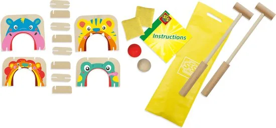 SES Creative croquet en pittenzak gooien: houten dierenpoortjes, sticks, ballen en tas.