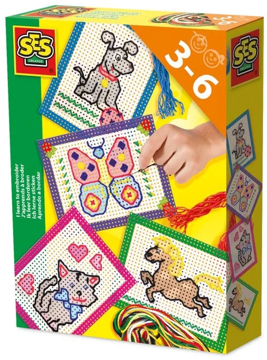 Doos SES Ik leer borduren met vier dierenkaarten en gekleurd garen.