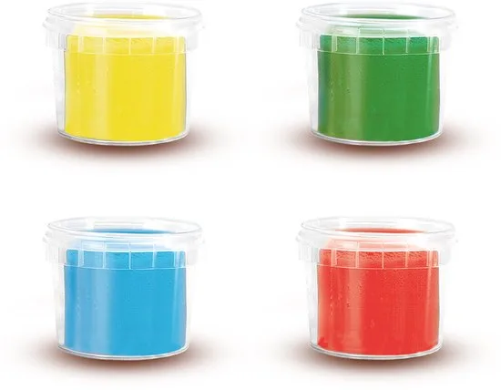 Vier potjes SES Creative klei in geel, groen, blauw en rood.